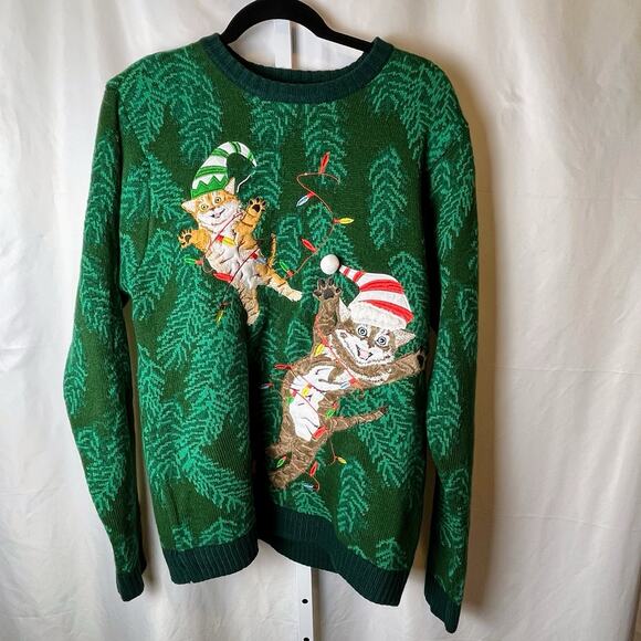 Blizzard Bay L Ugly Christmas Sweater Cat Santa Hat Lights Embroidered Green - Picture 1 of 5